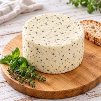 Niewędzony ser z bazylią, oregano i tymiankiem 1,5kg na jasnej okrągłej desce z ziołami i pieczywem.